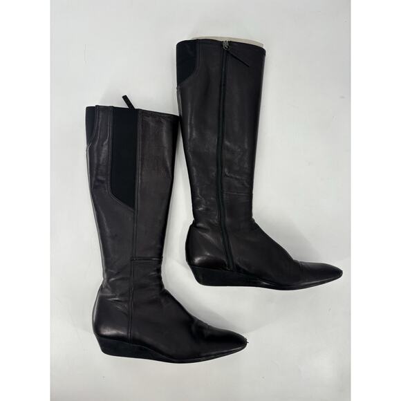 Prada Boots Womens 39 Black Leather Knee High Zip Up Wedge Elastic Nylon Panel - Picture 1 of 14